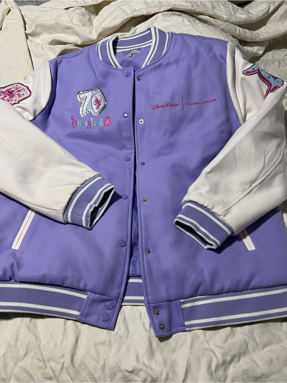 Disney Stoney clover varsity jacket with glitter patches